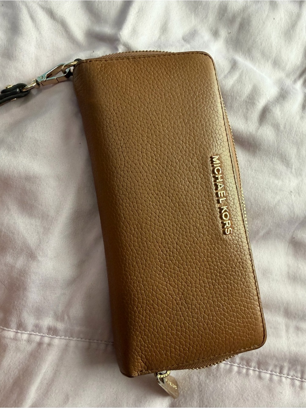 Michael Kors Tan Pebbled Leather Zip Wallet with Wrist Strap